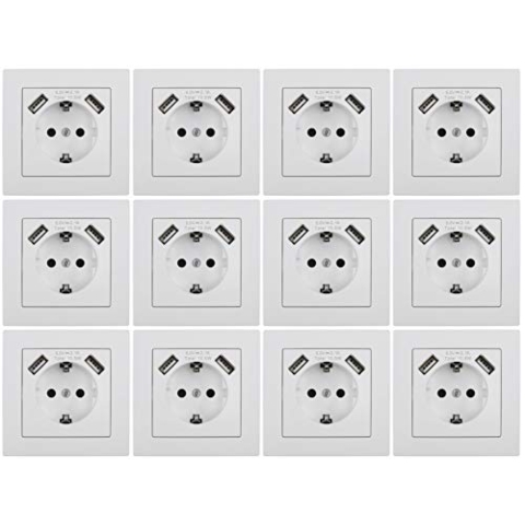 MC POWER - 12er Pack Steckdosen mit 2x USB + Rahmen | FLAIR | USB-Steckdosen Set mit 1-fach Rahmen in weiß, matt