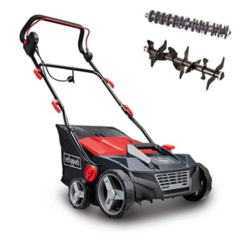 Scheppach Elektro Vertikutierer SC38 Entmooser Moosentferner | 38cm Schnittbreite | 45L Box | 1600W Leistung | verstellbare Arbeitshöhe -12 bis +6 mm | Vertikutier -& Lüfter-Aufsatz mit 16/24 Messern