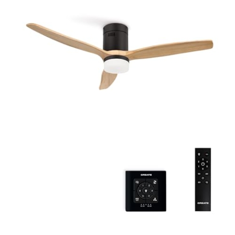 CREATE / WINDCALM/Deckenventilator mit Beleuchtung Schwarz Hellesholzflügel mit Fernbedienung und Wandschalter / 40W, Leise, Ø132cm, ABS, 6 Geschwindigkeiten, Timer, DC-Motor, Sommer-Winterbetrieb