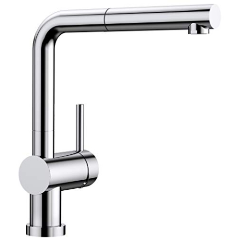 BLANCO LINUS-S-F | Küchenarmatur in chrom | Hochdruck | Mit herausziehbarem Schlauch | Vorfensterarmatur zur Montage vor einem Fenster | Gesicherte Wasserqualität & wassersparend
