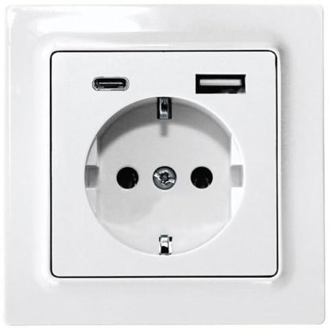 Eltako Deutsche Schutzkontakt-Steckdose, reinweiß glänzend E-Design55 DSS55E+USBA+C-wg