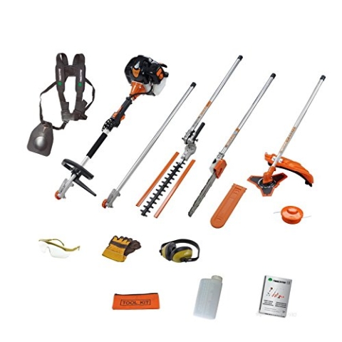 52 cc Benzin 5-in-1-Multi-Elektrowerkzeug mit Langer Reichweite: Heckenschere, Kettensäge, Rasentrimmer, Buchsenschneider + gratis Verlängerungsstange