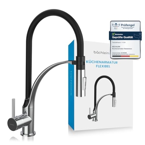 Bächlein Küchenarmatur Assaranco – 360 Grad schwenkbar (Chrom) – Einhand-Spültischbatterie mit flexiblem Hals und Brause mit Umschalt-Taste, Küchen-Wasserhahn mit magnetischer Halterung
