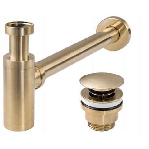 Rea Siphon + Click Clack Waschbeckenstöpsel Universal Gold MAT für Waschbecken & Waschtisch aus Messing (Gebürstetes Gold)