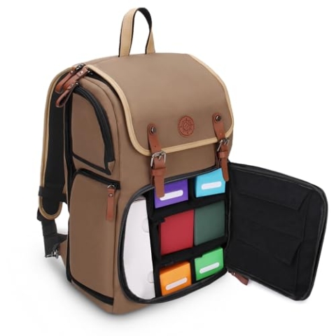 ENHANCE Sammelkarten-Aufbewahrungsbox Rucksack in voller Größe für Spielkarten – Platz für Kartenordner, TCG-Box-Aufbewahrung, Spielmattenhalter, kompatibel mit Magic The Gathering, Pokemon Hellbraun