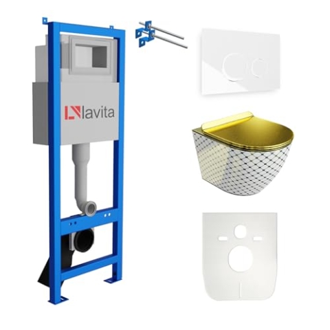 Lavita LAV 101 Vorwandelement für WC 40cm + Wand Hänge Tiefspül WC SOFI SLIM CHECKED GOLD Spülrandlos + Bedienplatte LAV 200.4.1 Weiß | Komplettset | Unterputz Spülkasten | Toilette Komplett Sett