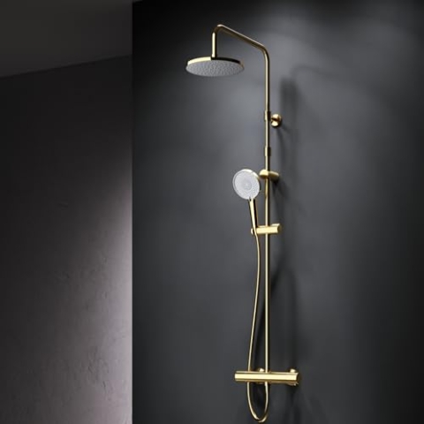 AM.PM X-Joy - Duschsystem mit Thermostat Gold, Duscharmatur Komplettset mit Regendusche 22 cm, Duschset mit Armatur, Handbrause 3 Strahlarten, Brauseset