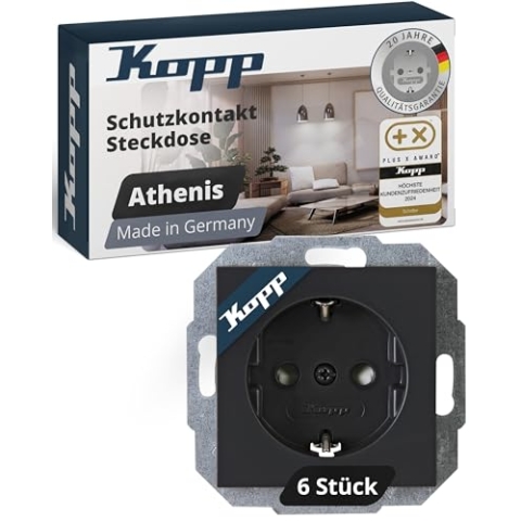 Kopp ATHENIS Schutzkontaktsteckdose in Anthrazit - 6 Stück - 1-fach Einbausteckdose mit erhöhtem Berührungsschutz - IP20 Unterputz-Steckdose mit Schutzkontakt - Steckdosen-Unterputz 16A / 250V~