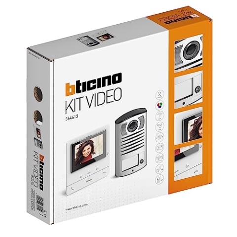Bticino 364613 Video-Sprechanlage für ein Haus, 2 Drähte für die Wand, 1 externer Knopf mit Türklingel und Kamera + 1 Innendisplay weiß 5 Zoll in Farbe mit Freisprecheinrichtung, erweiterbar für