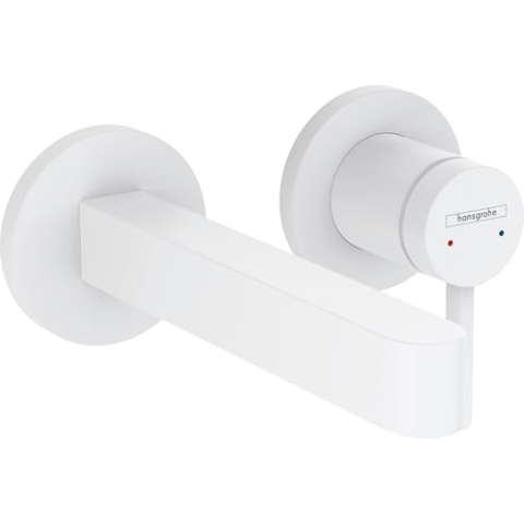 hansgrohe Waschtischarmatur Unterputz für Wandmontage Finoris, Wasserhahn Bad mit Ablaufgarnitur unverschließbar, Badarmatur wassersparend, Mattweiß, Auslauflänge 168mm