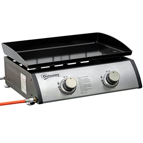 Outsunny Gasgrill mit 2 Brenner 5 kW Grillfläche 47,5 × 35,5 cm tragbarer Tischgrill Tischgasgrill aus Edelstahl BBQ Campinggrill für Garten Balkon Camping Silber