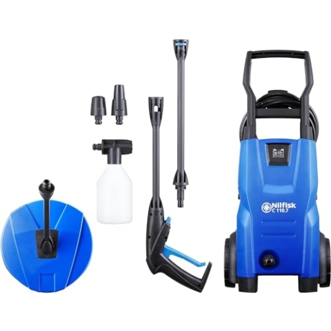 Nilfisk C 110.7 Bar Hochdruckreiniger + Schaumsprüher + Kompakt-Flächenreiniger - Mini Pressure Washer für die Reinigung von Außenbereichen und Autowäsche (1400 W)