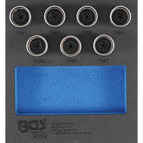 BGS 9559 | Werkstattwageneinlage 1/6: Felgenschloss-Werkzeug-Satz für Opel (Typ D) | 7-tlg.