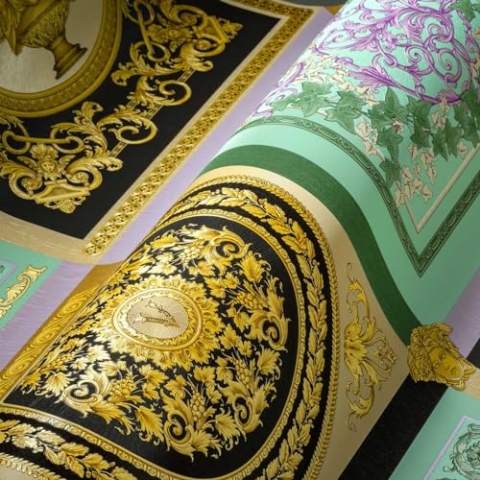 VERSACE WALLPAPER Barock Luxus Tapete Floral 387041 Mintgrün Lila Schwarz Gold Logo Medusa 10,05x0,70m Made in Germany