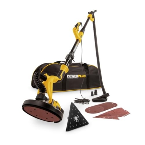 Powerplus Elektro-Trockenbauschleifer POWX0477-710W Elektrowerkzeug Schlefimaschine für Trockenbau - Wand und Deckenschleifer Schleifpapier Ø225mm - 1500min-1 - Teleskop - mit 12 Acc.