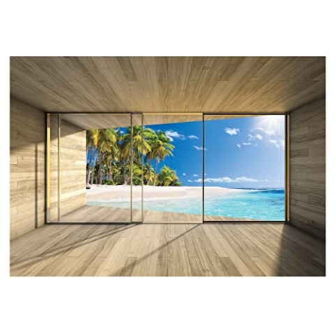 WallArena Fototapete 3D EFFEKT Fenster mit Aussicht Strand Meer Karibik Palmen Wohnzimmer Schlafzimmer Vlies Tapete inklusive Kleister Wandtapete UV-Beständig Montagefertig (368x254 cm - 4 Bahnen)
