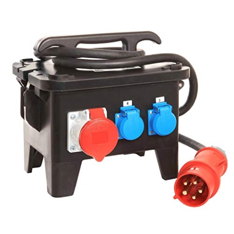 as - Schwabe Baustromverteiler – CEE-Stecker 400V/32A/5-polig, ca. 22 kW - Starkstrom Adapter - 3 x Schutzkontaktsteckdose, 2 x CEE 400V/16A/5-polig, 1 x 400V/32A/5-polig – Made Germany – IP44, 60555