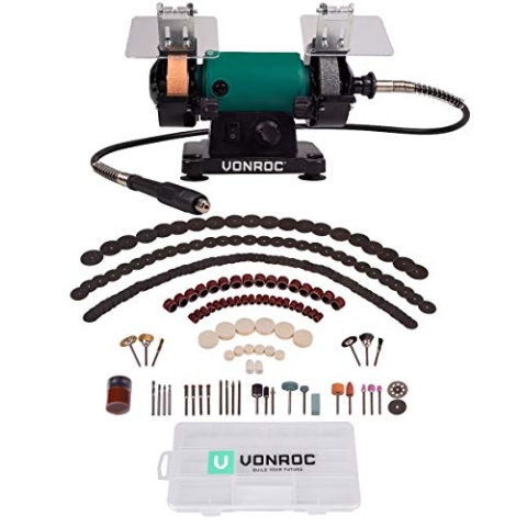 VONROC Doppelschleifer Doppelschleifmaschine 150W /75MM Welle - Schleifmaschine inkl. Schleifstein & Poliermscheibe - Schleifbock mit variable Geschwindigkeit - Komplett Set