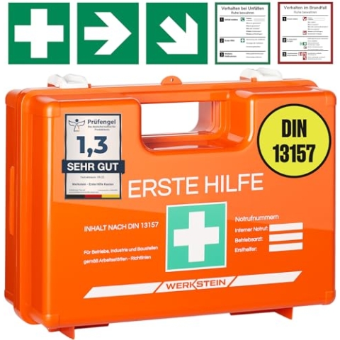 Erste Hilfe Kasten mit Inhalt nach neuer DIN 13157:2021 I Erste Hilfe Koffer inkl. praktischer Wandhalterung, 5x Aufkleber & Plombe I Verbandskasten für Betriebe, Einrichtungen & Zuhause