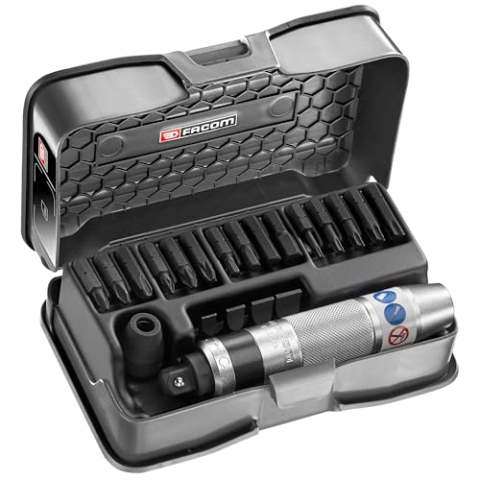 FACOM ½“ Hand-Schlagschrauber mit 21-tlg. Zubehör NS.265M (400Nm Drehmoment, mit TORX-, Pozidriv-, Phillips-, Schlitz- und Sechskant-Bits, inkl. Aufbewahrungsbox mit Kunststoffeinlage)