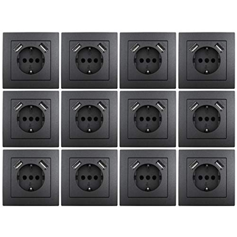 MC POWER - 12er Pack Steckdosen mit 2x USB + Rahmen | FLAIR | USB Steckdosen Set mit 1-fach Rahmen in anthrazit, matt