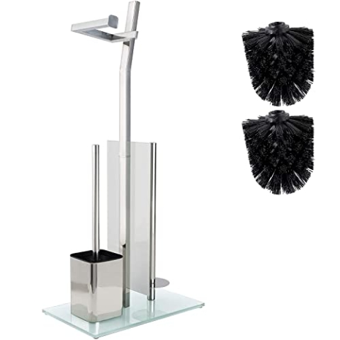 WC-Garnitur Mit Rollenhalter - Glänzendes Chrom – Toilettenpapierhalter Ohne Bohren Aus Gebürstetem Edelstahl – Fuß Aus Glas – 32X20X70 cm – Einfache Montage – 1 und 2 WC Bürste Zum Austauschen