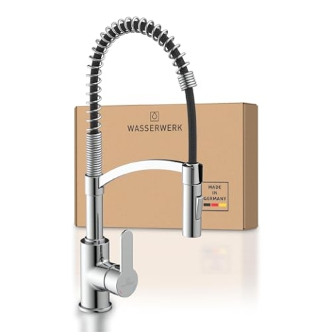 Wasserwerk WK3 Küchenarmatur - Design-Wasserhahn Küche - Chrom - Herunterziehbare Brause - Armatur mit Energiesparfunktion & Verbrühschutz - Premiumqualität Made in Germany