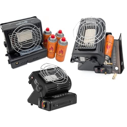 SMH LINE® 2in1 Tragbare Gasheizung Camping Gasstrahler Heizung Outdoor Zelten Wohnwagen 1.3 KW Brenner Kocher + Butan Gas Gaskartuschen Keramik LPG (Gasheizung + 8 Gaskartusche)