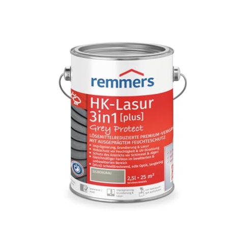 Remmers HK-Lasur 3in1 Grey Protect [plus] silbergrau, matt, 2,5 Liter, Lösemittelreduzierte Premium-Vergrauungslasur für außen, 3in1, schnelltrocknend, langlebig