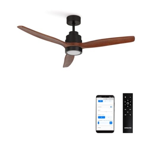 CREATE / WINDSTYLANCE/Deckenventilator mit Beleuchtung Schwarz Dunkelholzflügel mit WLAN und Fernbedienung / 40W, Leise, Ø132 cm, 6 Geschwindigkeiten, Timer, Sommer-Winterbetrieb, doppelte Höhe