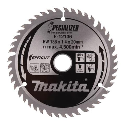 Makita E-12136 EFFICUT Kreissägeblatt Ø 136 x 1,4 x 20 mm, 45 Zähne, 23° Zahnwinkel, für saubere und schnelle Schnitte in Holz, für Akku-Handkreissägen
