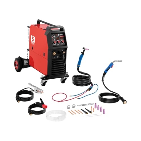 Stamos Germany 4-in-1 Kombi-Schweißgerät FCAW-, MIG/MAG-, WIG-Liftarc- und MMA-Schweißen mit bis zu 300 A 60% Duty Cycle 2T/4T Arc Force Anti-Stick 2 LED-Anzeigen Multischweißgerät