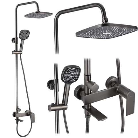 Rea Duschsystem STORM Duschset Duscharmatur mit Duschkopf und Kopfbrause aus Messing Duschgarnitur für Badezimmer (titan)