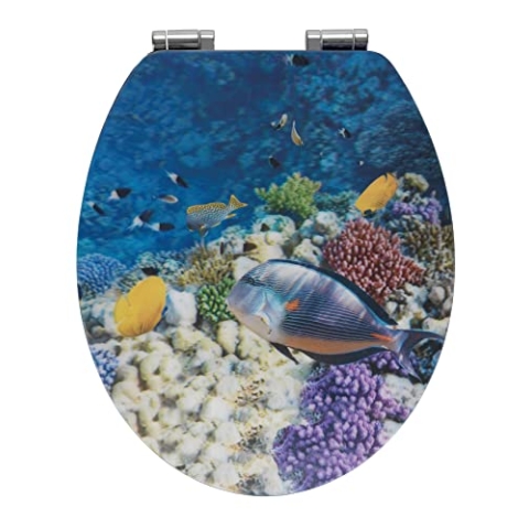 WENKO WC-Sitz Fish, Toilettensitz mit Absenkautomatik und 3D-Motiv, WC-Deckel für sanftes Deckelschließen mit rostfreier Hygienebefestigung, aus MDF, 38 x 44,5 cm, FSC® zertifiziert, Mehrfarbig