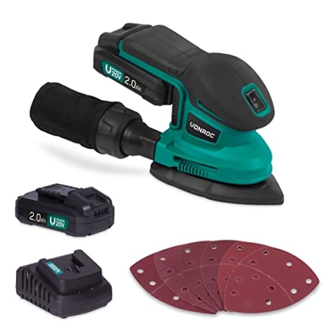 VONROC Deltaschleifer Akku, Dreieckschleifer, Multischleifer - Schleifgerät, Handschleifer mit Staubbehälter 20V inkl. 2x2Ah Akku & Ladegerät - Für Holz, Kunststoff, Metall - inkl. 6 Schleifpapier