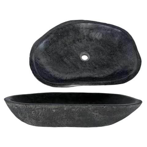 Lendo Online Waschbecken oval Flussstein - Naturstein - Waschtisch für Badezimmer - Aufsatzwaschbecken - Handwaschbecken - Grau (Grau, 60-70x38-43cm)