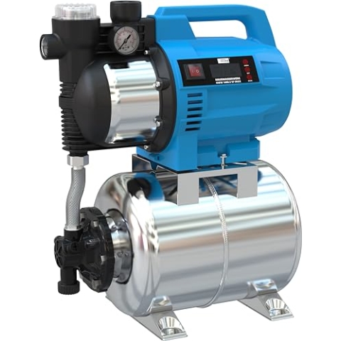 Güde Hauswasserwerk HWW 1400.3 VF INOX (1400 W, Kesselinhalt: 24 l, Fördervolumen: 4800 l/h, Förderhöhe: max. 48 m, Ansaughöhe: max. 8 m, Noryllaufrad, Edelstahltank, Manometer, Wasserfilter) Blau