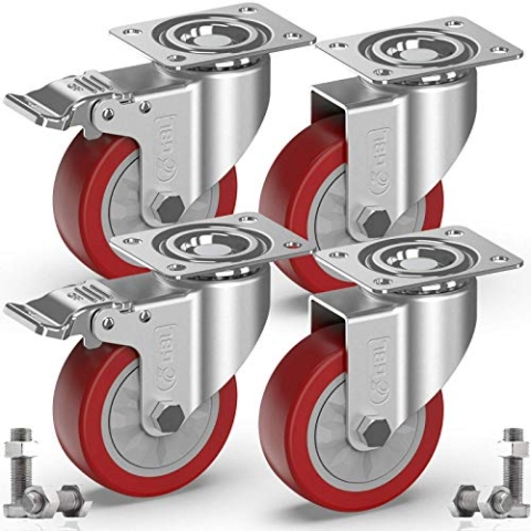 GBL Möbelrollen Schwerlast mit 2 Bremsen Bolzen und Nüssen - 100mm 600KG - 4 Lenkrollen mit Möbel Bremse - keine Spuren & Leise - Schwerlastrollen Transportrollen Rollen für Palettenmöbel
