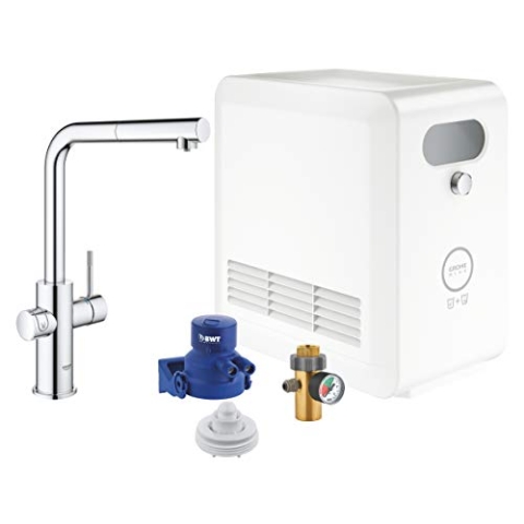 GROHE Blue Professional, Küchenarmatur mit Sprudel-, Kühl- & Filterfunktion (Wasserhahn für gefiltertes, kühles und sprudelndes Trinkwasser, herausziehbarer Auslauf, mit CO2 Flasche) chrom, 31326002