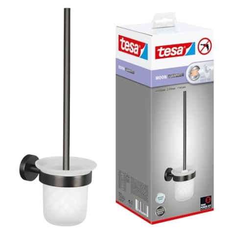 tesa Moon Graphite WC-Garnitur, Set mit Halter & WC-Bürste in gebürstetem Grafit, satiniertes Glas - selbstklebend, PVD-beschichtetes Metall - ohne Bohren, inkl. Klebelösung - 112mm x 379mm x 145mm