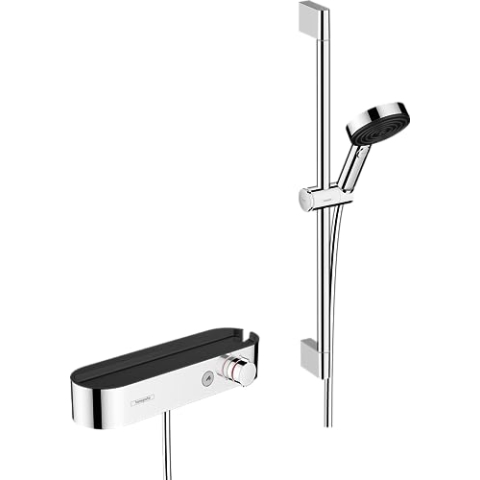 hansgrohe Pulsify Select S - Duschset mit Duschkopf, Brausestange 65cm, Schlauch und Halterung, Handbrause mit 3 Strahlarten (inkl. PowderRain), Chrom