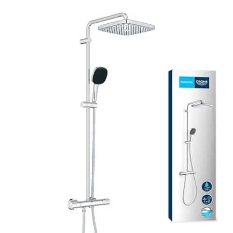 GROHE Vitalio 250 - Duschsystem wassersparend - 8l pro Min (2 Strahlarten, schwenkbarer Kopfbrausearm, Sicherheitssperre bei 38C, Antikalk-System), eckig, chrom, 26696001