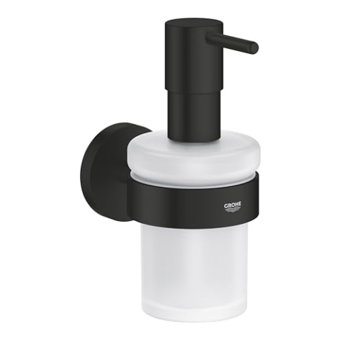 GROHE Start, klebbarer Seifenspender für das Bad, ohne Bohren (Füllmenge: 160ml, mit Halter, verdeckte Befestigung, inkl. Schrauben und Dübel, Kleber separat kaufen), rund, schwarz, 411952430