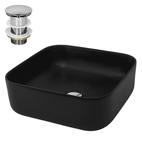 ML-Design Waschbecken Keramik Schwarz 39,5x39,5x14 Eckig cm inkl. Ablaufgarnitur, Moderne Aufsatzwaschbecken ohne Überlauf, Waschtisch Waschschale Waschplatz Handwaschbecken, für Badezimmer/Gäste-WC