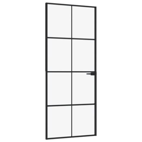 vidaXL Innentür, Zimmertür Komplettset 83x201,5cm, Glastür mit Griff Eisenschloss, Drehtür Tür aus Glas, Modern, Schwarz Hartglas Aluminium Schlank