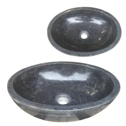 Lendo Online Marmor Waschbecken oval 60x40 oder 40x30 cm – Aufsatzwaschbecken aus Naturstein in Creme, Grau oder Schwarz – Polierte Waschschale fürs Bad & Gäste-WC (Schwarz, 40x30cm)