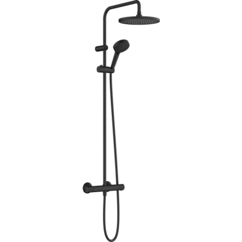 hansgrohe Vernis Blend - Duschsystem mit Thermostat, Regendusche (240 mm) mit Armatur, Handbrause (2 Strahlarten), Schlauch, Brausestange und runder Kopfbrause (1 Strahlart), Mattschwarz, 26426670