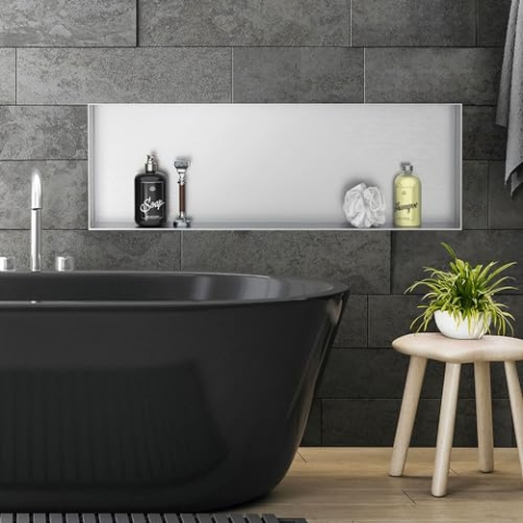 LuxeBath Wandnische aus Edelstahl, 90x30x10 cm, Silber, Duschnische, Randlos, Einbauregal, Flexibler Einbau, Befliesbare Nische für Badutensilien, Duschablage, Einzelregal, Lagerung für Badezimmer