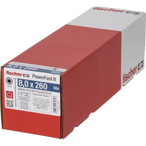 fischer PowerFast II WTP 8,0 x 260, kraftvolle Holzbauschraube mit Tellerkopf, Innenstern-Aufnahme und Teilgewinde, für den konstruktiven Holzbau, 50 Stk.
