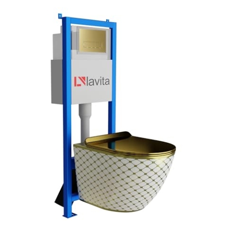 Lavita LAV 101 Vorwandelement für WC 40cm + Wand Hänge Tiefspül WC SOFI SLIM CHECKED GOLD Spülrandlos + Bedienplatte LAV 200.3.5 Gold | Komplettset | Unterputz Spülkasten | Toilette Komplett Sett